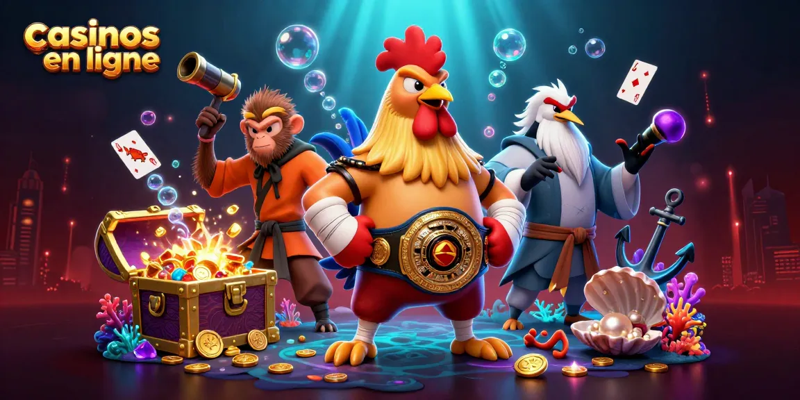 Illustration dynamique des casinos en ligne avec un coq Muay Thai et un singe Shaolin dans un décor sous-marin coloré.