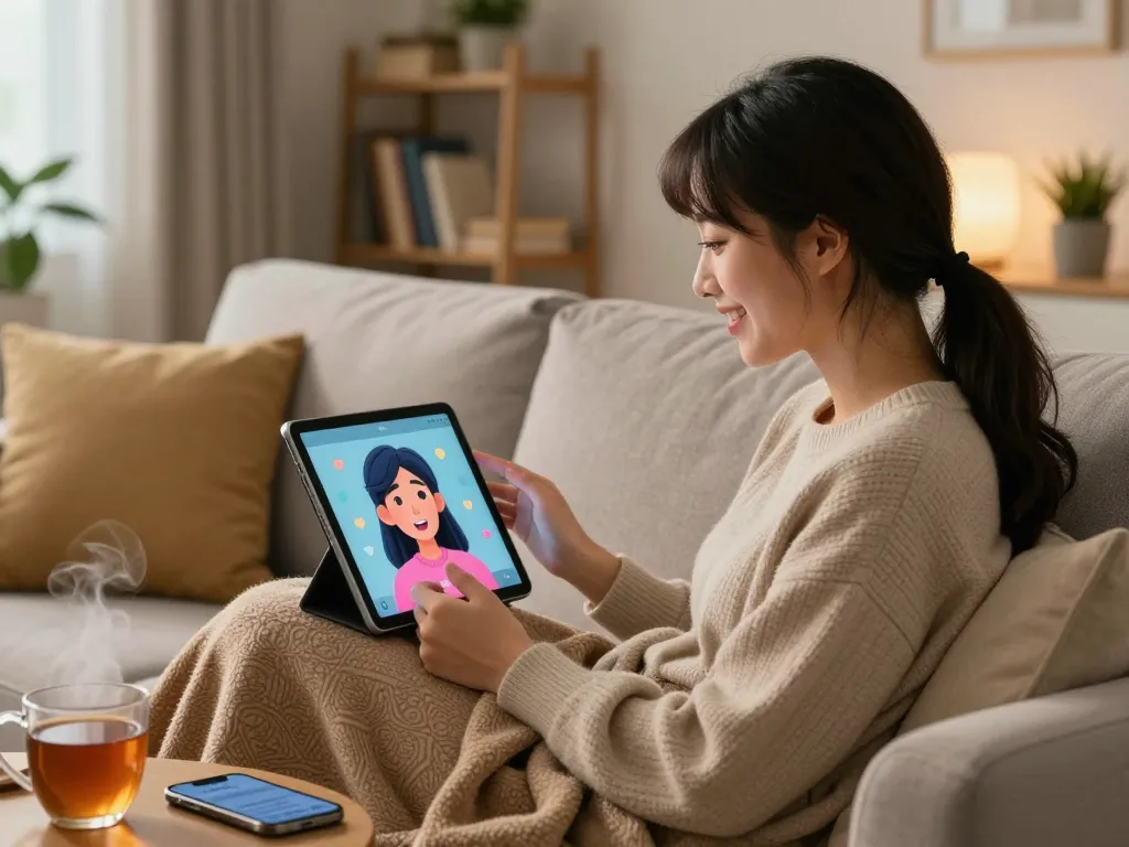 Person interacting with an AI girlfriend on a tablet in a cozy home setting, emphasizing emotional connection and technology.