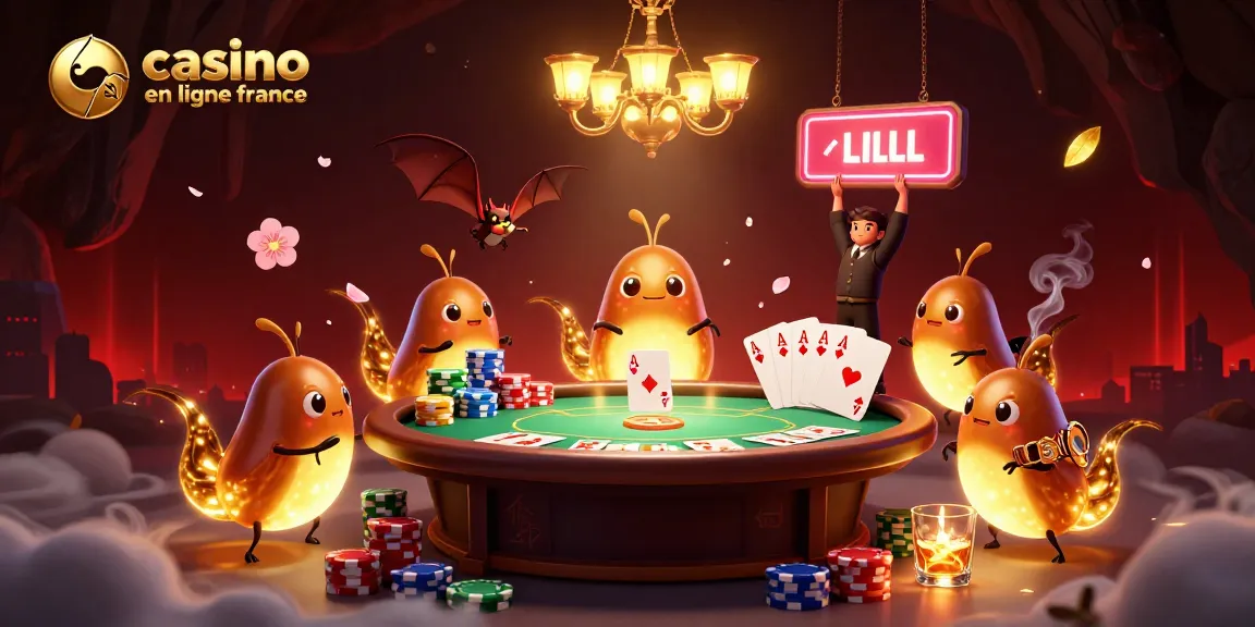 Illustration de casino en ligne France avec des vers luisants illuminant une table de poker.