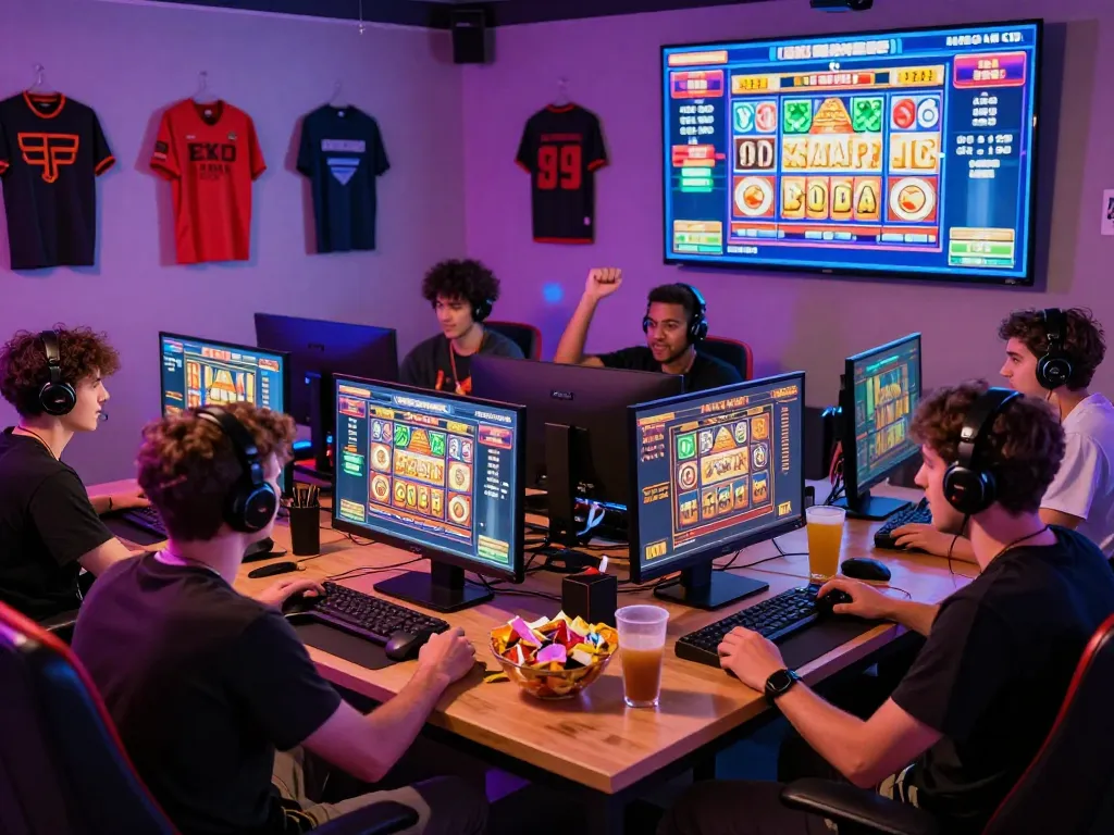 Friends enjoying situs slot gacor gaming session with vibrant ambiance and high scores.