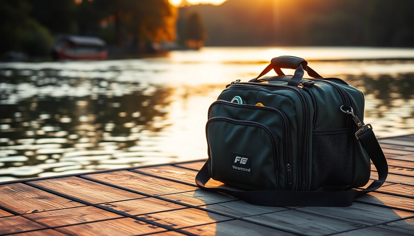 Showcasing a rugged Fly fishing bag on a wooden jetty, ideal for outdoor adventures.