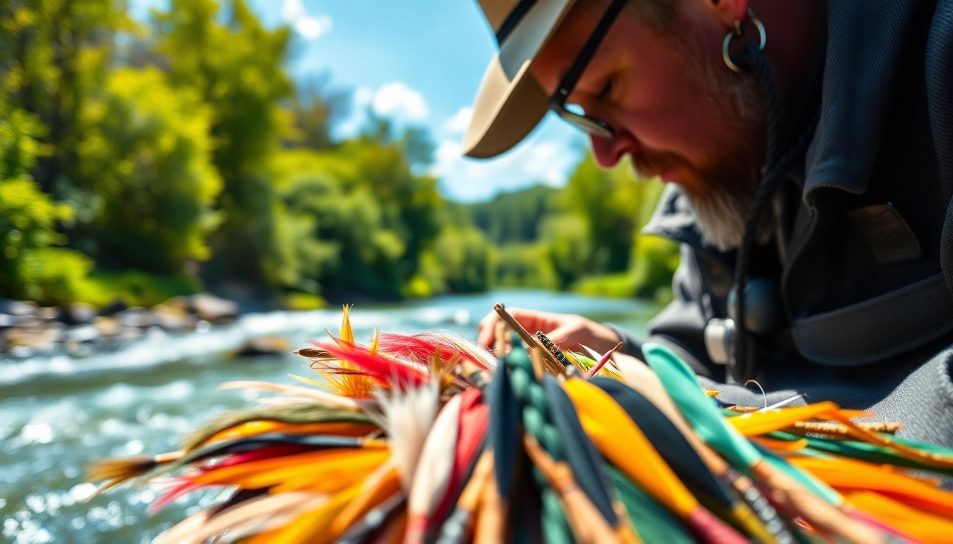 Creating beautiful fly tying patterns with vibrant materials in a serene setting.