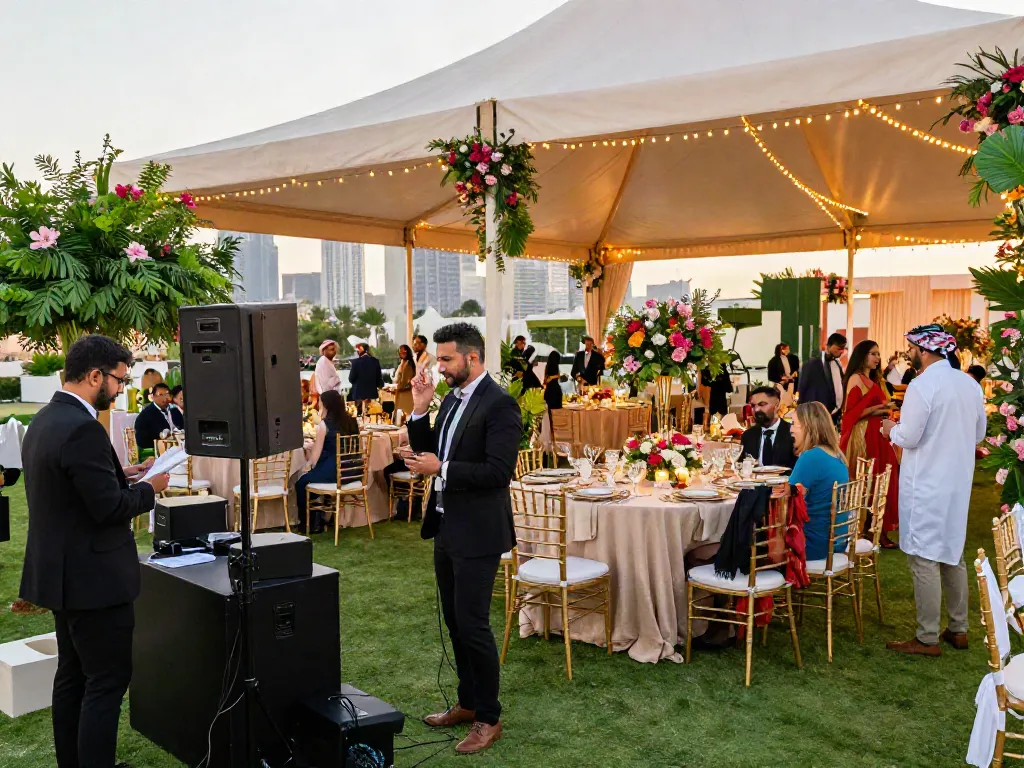 Event rentals for a lavish wedding reception under a marquee with lush decor in Saudi Arabia.