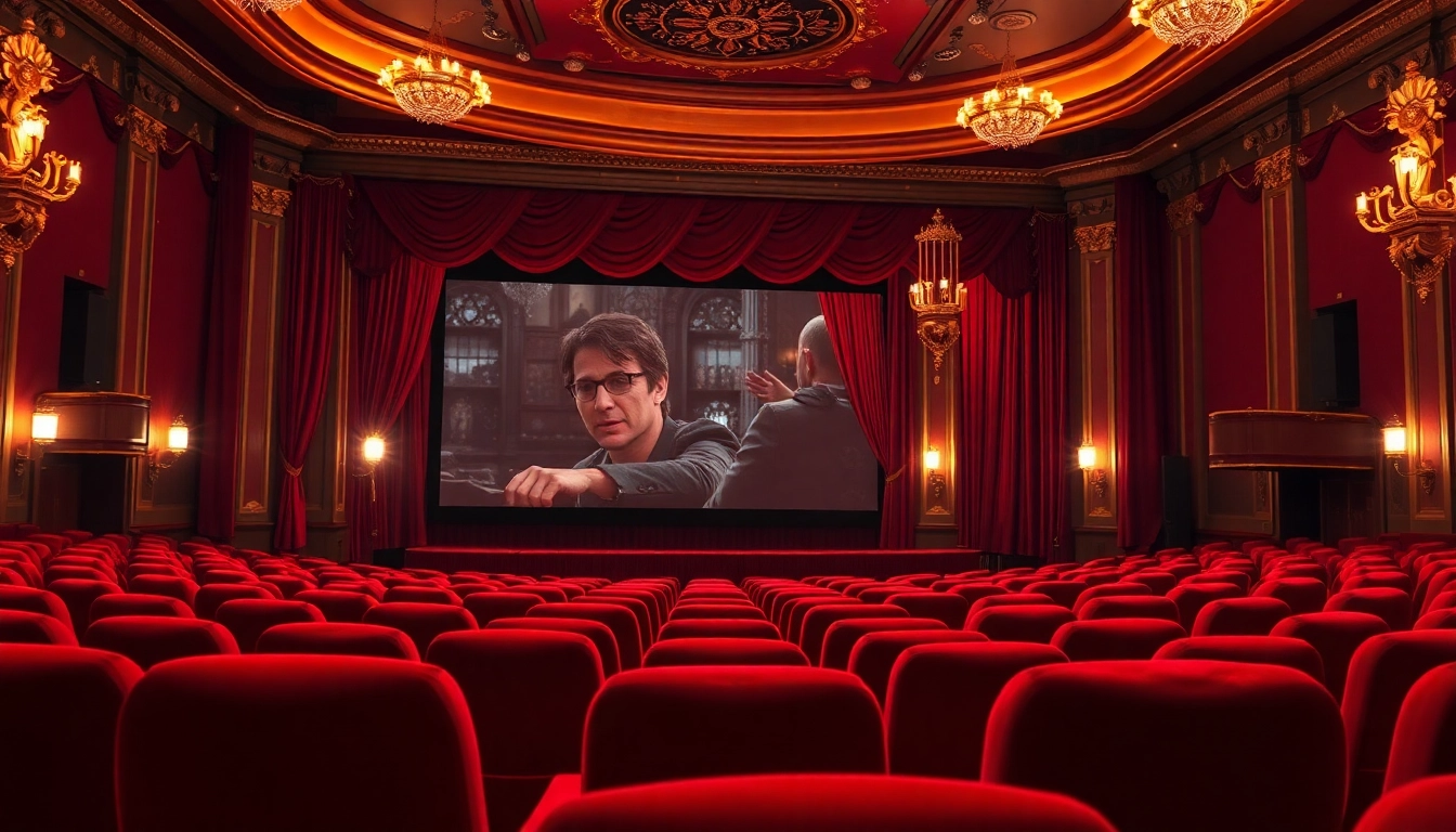 ดูหนังในโรงภาพยนตร์หรูหราพร้อมที่นั่งสีแดงและจอขนาดใหญ่