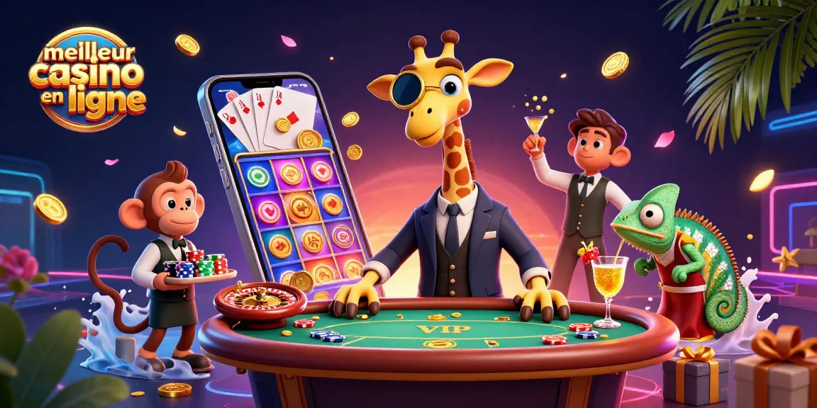 Illustration 3D stylisée de "meilleur casino en ligne" avec girafe croupier et accessoires de jeux.