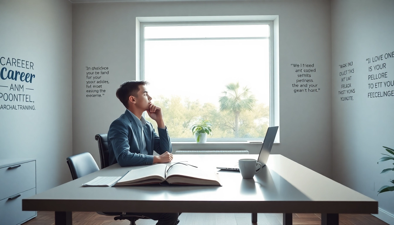 Find my true calling as a young professional reflects on career options in a serene office.