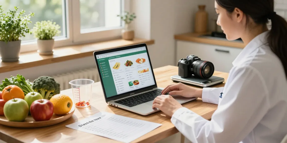 Nutritionist reviewing the best food tracker apps with fresh ingredients, promoting healthy eating.
