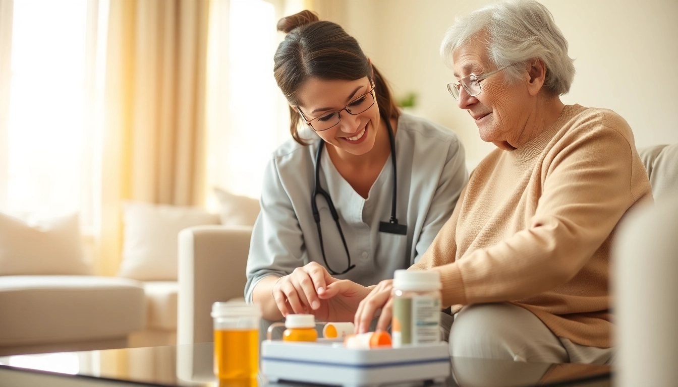 Helping elderly in home care near me with medication organization in a cozy setting.
