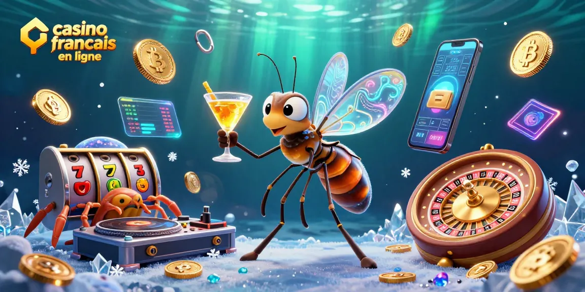 Scène de casino français en ligne où un moustique 3D mascotte, un DJ trilobite et une roulette en ammonite s'animent.