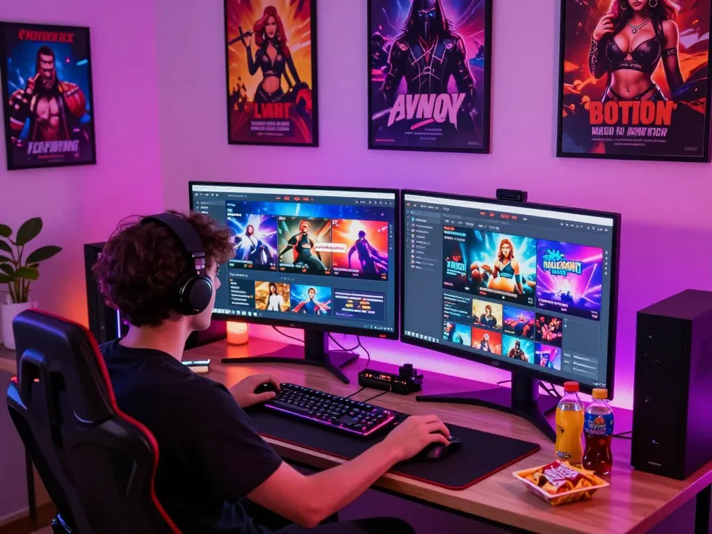 Engaging scene of a gamer playing porn games online with colorful LED lights and multiple screens.