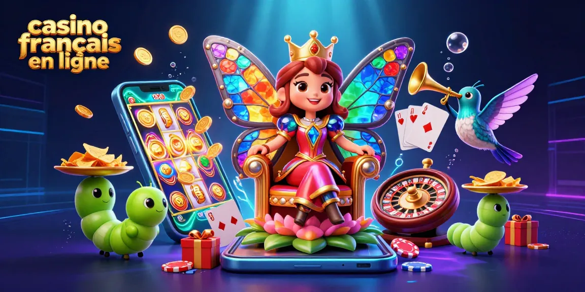 Découvrez une scène de casino français en ligne animée avec une reine papillon et des éléments de jeu colorés.