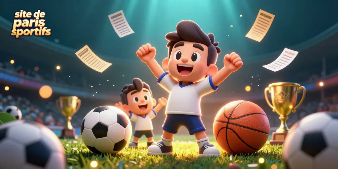 Illustration dynamique représentant le site de paris sportifs avec des personnages animés sur un fond vibrant.