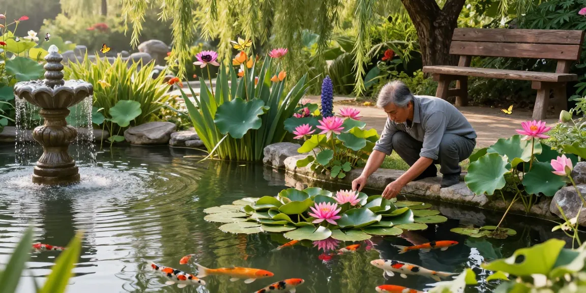 Pond plants flourishing in a tranquil garden pond with water lilies and koi fish.