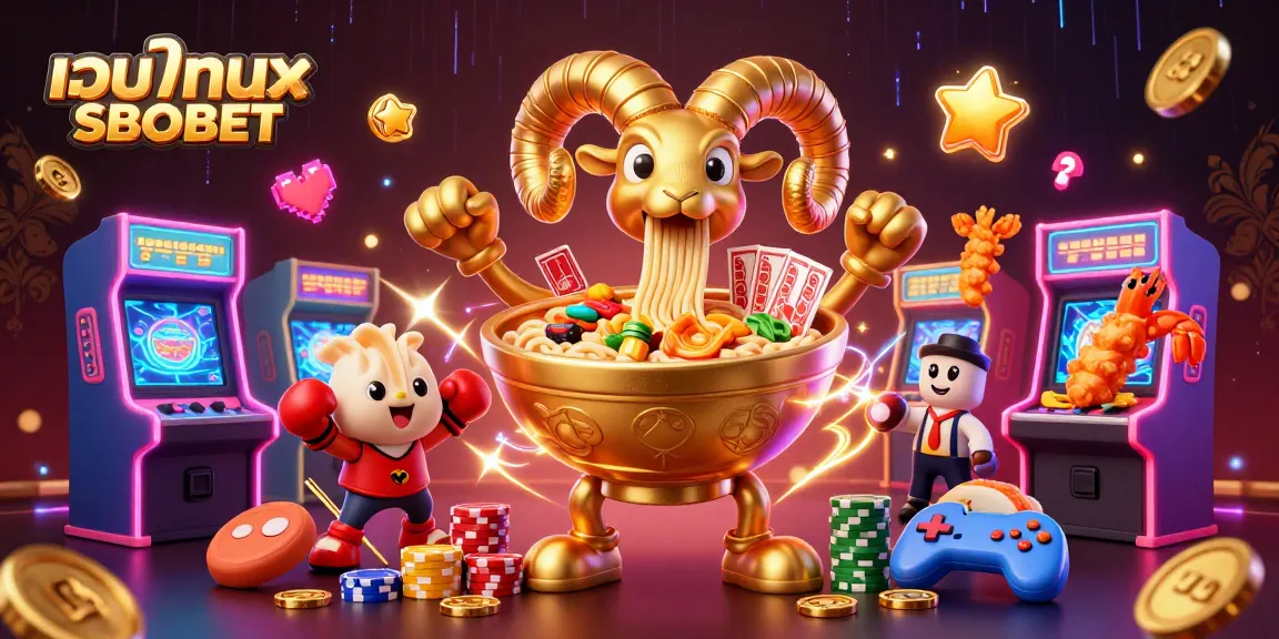 Engaging scene of เว็บแทงบอล SBOBET with a cartoon ramen bowl character and vibrant casino elements.