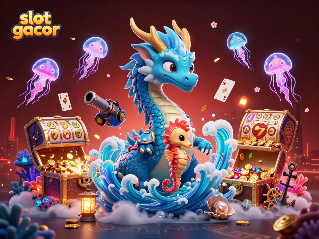 Experience slot gacor excitement with vibrant underwater treasures and mythical characters in this dynamic casino-themed illustration.