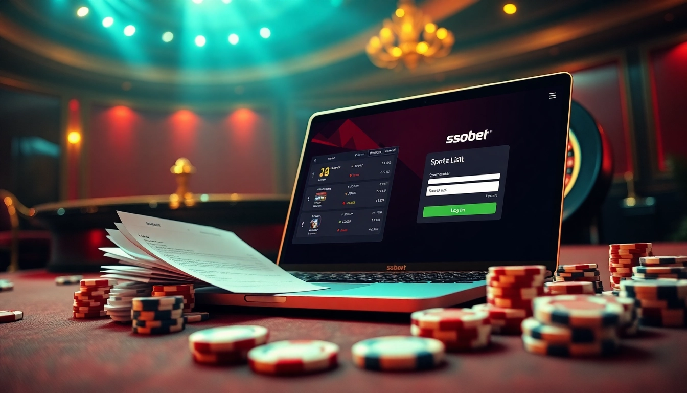 Engage with sbobet login on a luxurious online gambling interface surrounded by casino elements.