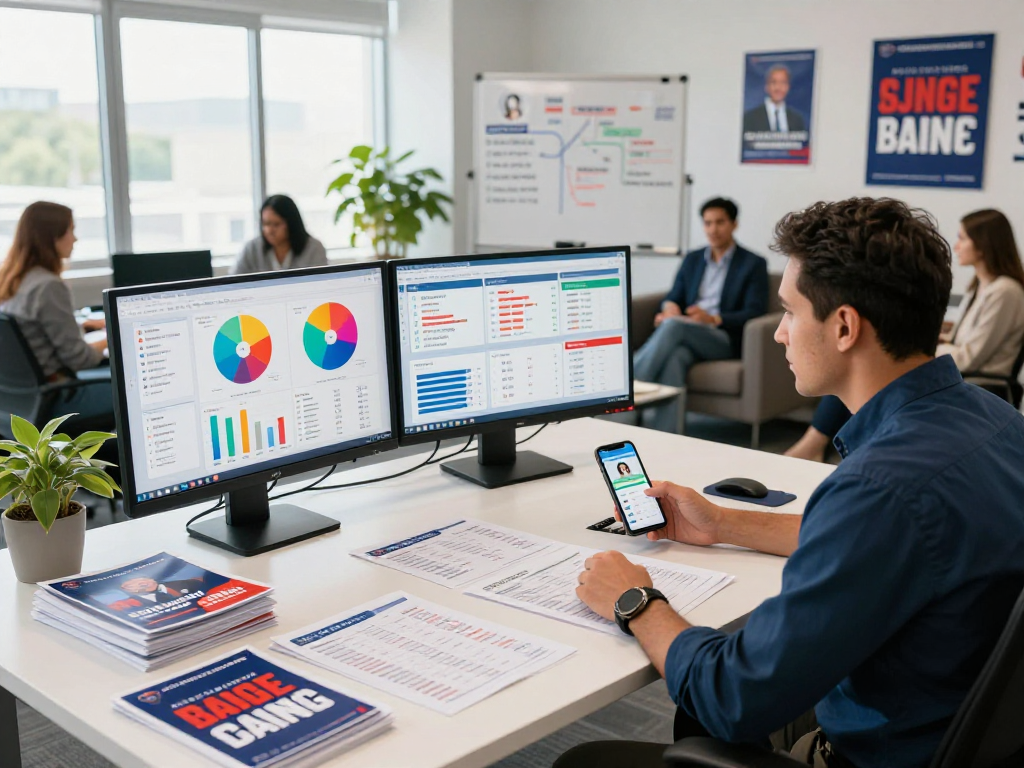 Analyzing voter engagement analytics in a dynamic political campaign office setup with data visuals and strategy notes.