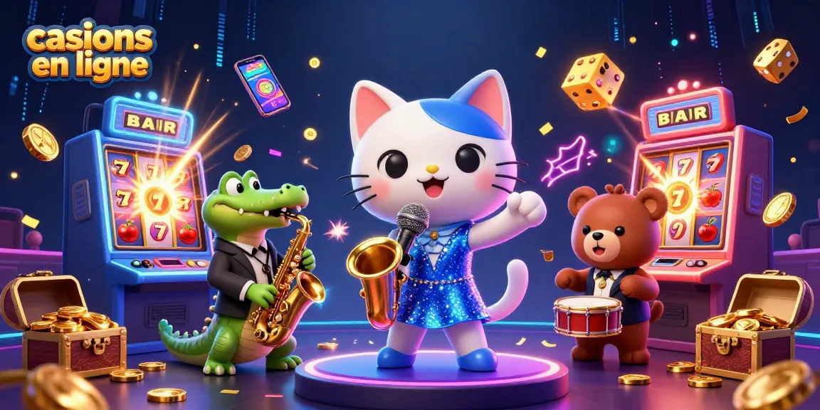 Un chat chanteur de jazz dans un casino, avec des machines à sous, des dés et des lumières, illustrant l'univers des casinos en ligne.