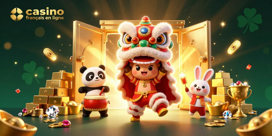 Illustration dynamique de casino français en ligne avec un lion dansant et des éléments de jeu colorés.
