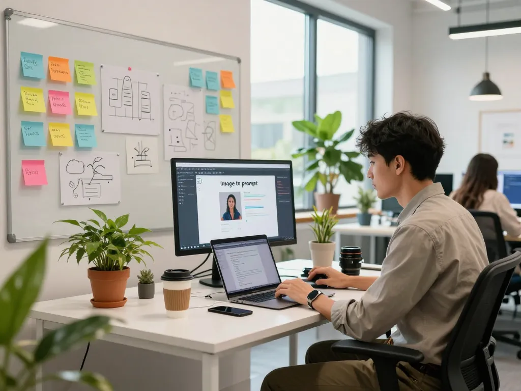 Using an image to prompt tool in a trendy workspace to create AI-generated descriptions.