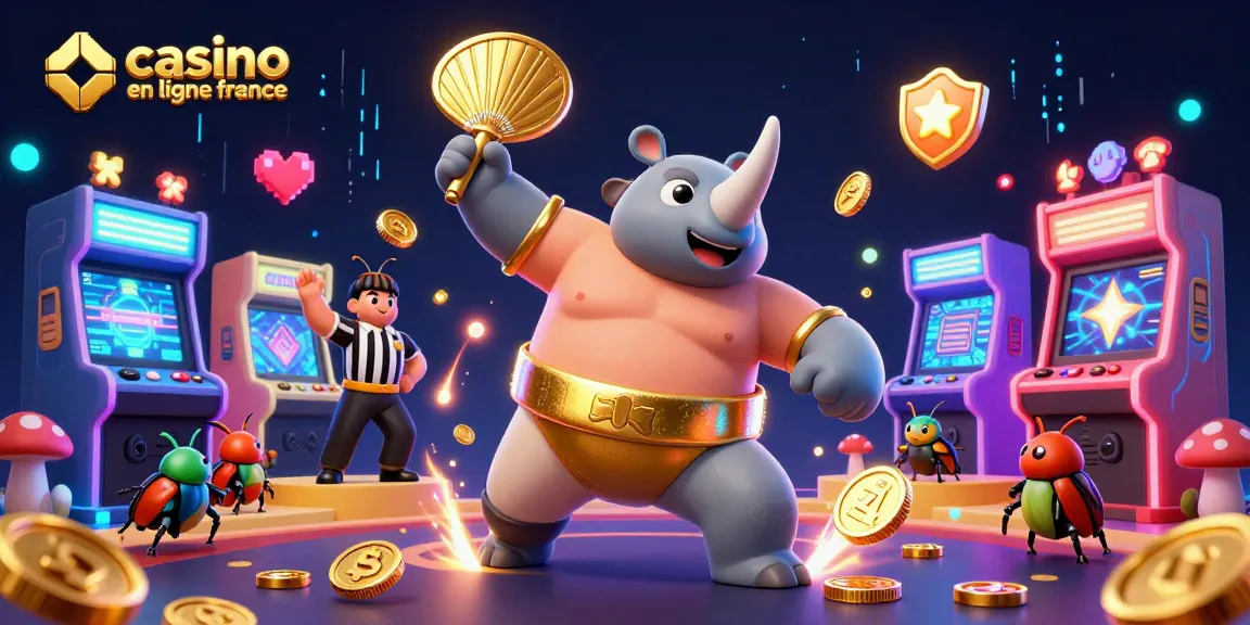 Jouez sur le casino en ligne en France avec un insecte rhinocéros en compétition, entouré de machines à sous colorées.