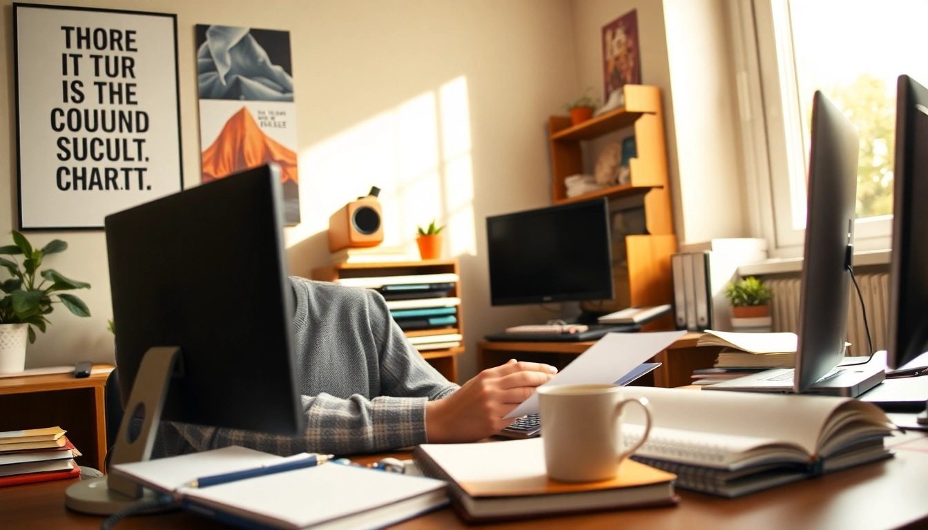 Pay someone to take TOEFL: Focused student in a cozy study space with books and laptop.
