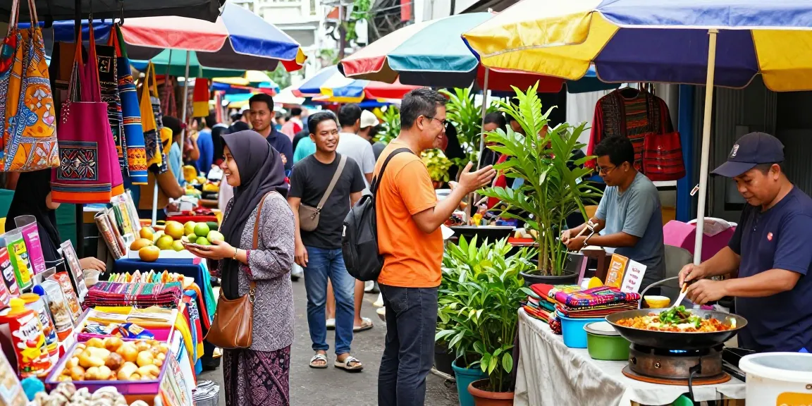 Engaging street market scene in Jakarta featuring rokok88 daftar activities, diverse individuals interacting with vibrant stalls.