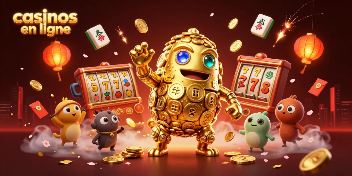 Illustration dynamique de casinos en ligne mettant en scène un golem doré entouré d'éléments de chance et de jeux.