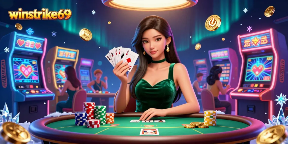 Engage with winstrike69 as an Asian woman masters poker at a vibrant luxury table.