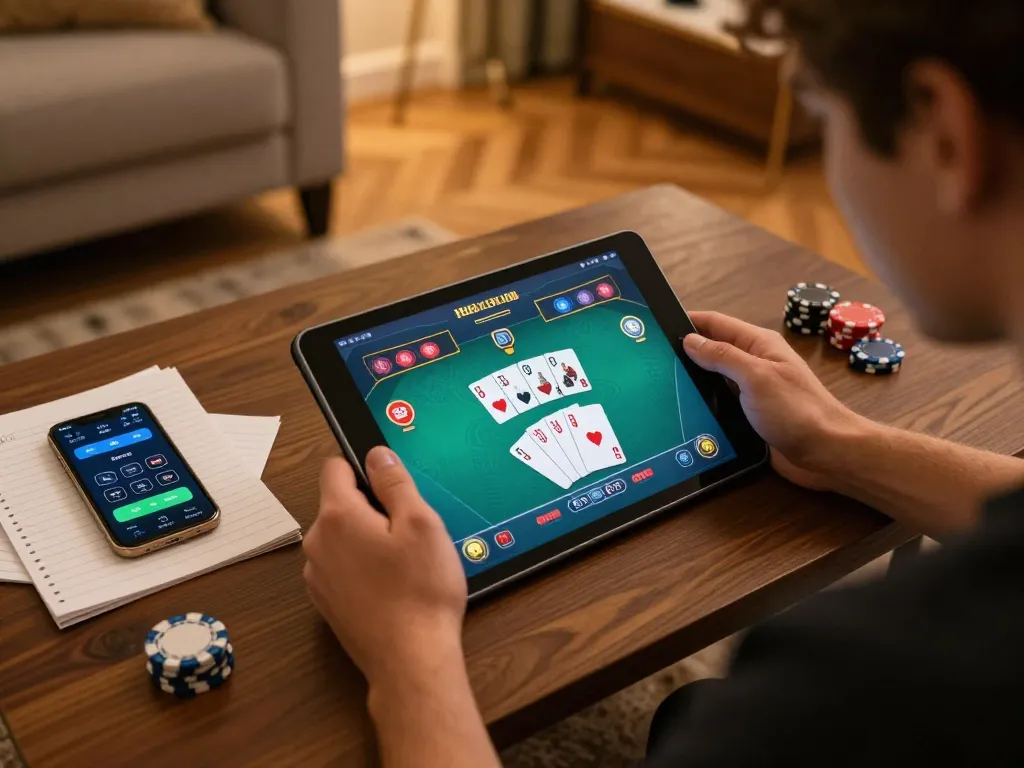 Engaging in casino senza licenza aams gameplay on a tablet in a cozy living room setting