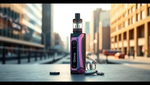 Erleben Sie das raffinierte Oxva Vape-Gerät, das in einer modernen urbanen Umgebung glänzt.