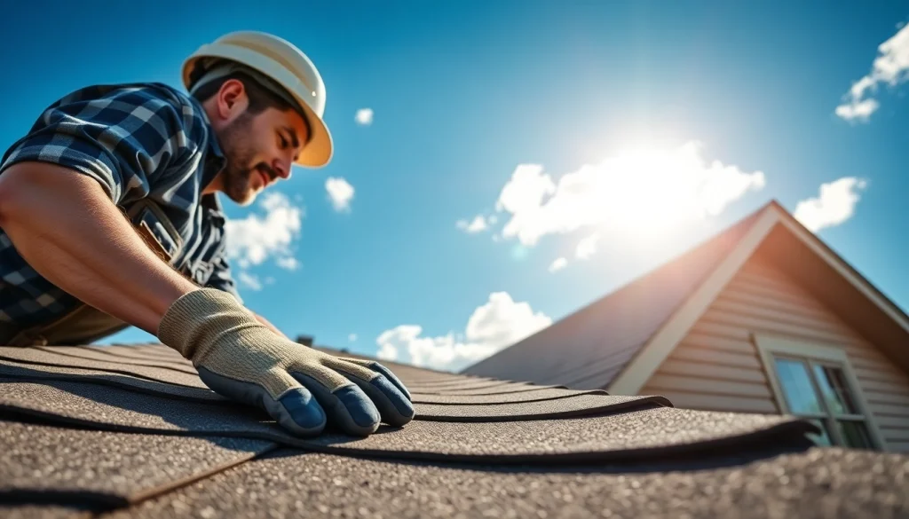 Providing reliable roofing services with skilled contractor installing shingles on a sunny day.