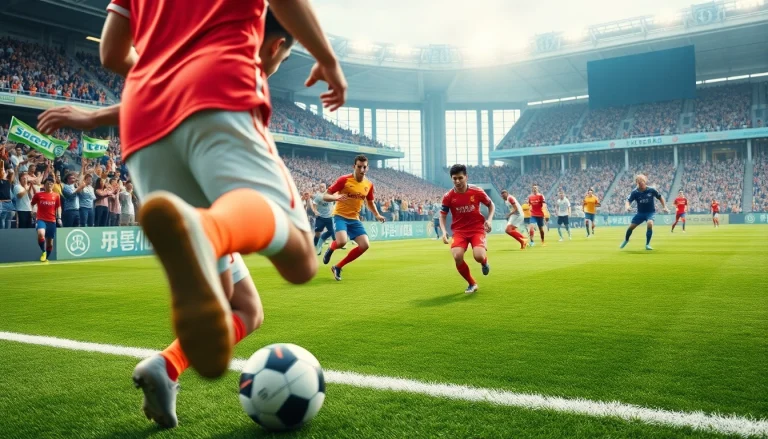 축구중계 중 선수들이 경기를 펼치는 역동적인 순간을 보여줍니다.