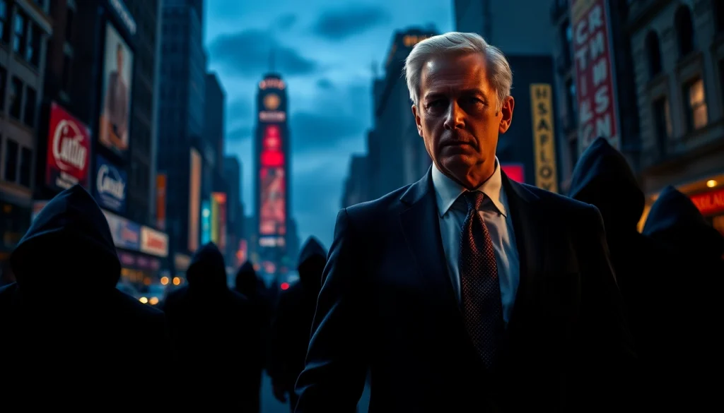 Engaging illustration of Politics Thieves and Bullets universe with central politician amidst shadowy figures.