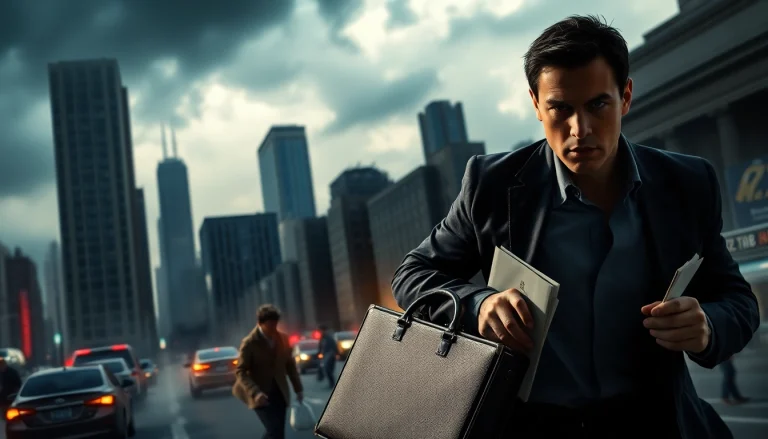 Protagonist in Politics Thieves and Bullets capturing intensity amid urban suspense.