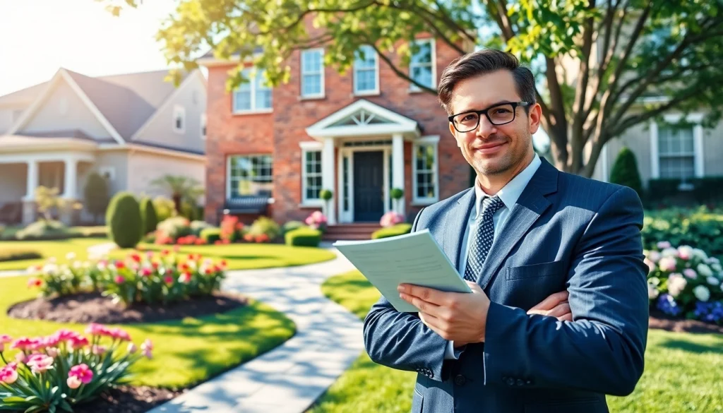 Real Estate agent presenting a charming home amidst lush greenery in a sunny neighborhood.