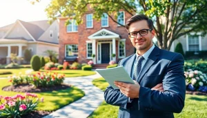 Real Estate agent presenting a charming home amidst lush greenery in a sunny neighborhood.