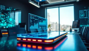 Engaging visual representation of Technology showcasing futuristic devices and holographic data analytics.