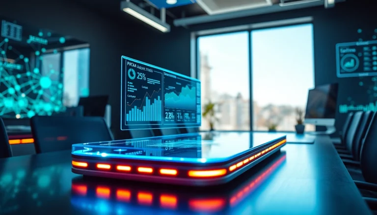 Engaging visual representation of Technology showcasing futuristic devices and holographic data analytics.