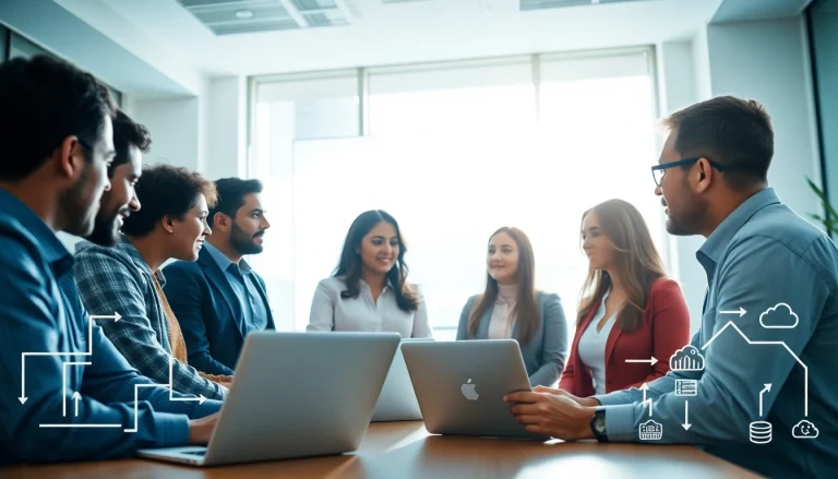 Team discussing Cloud Migration Services in a modern office setting with data visuals.