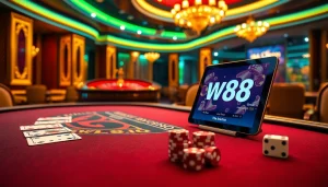 Experience the thrill of gambling with the w88 link showcased at an upscale blackjack table in a luxury casino setting.