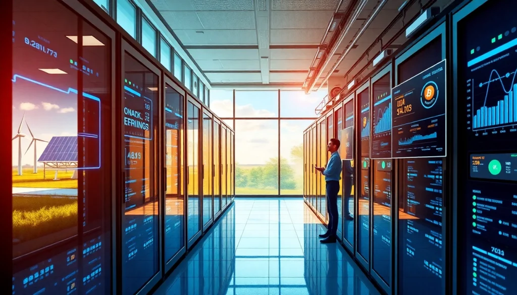 Dynamic bitcoin cloud mining center with renewable energy sources and advanced AI technology.