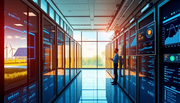Dynamic bitcoin cloud mining center with renewable energy sources and advanced AI technology.