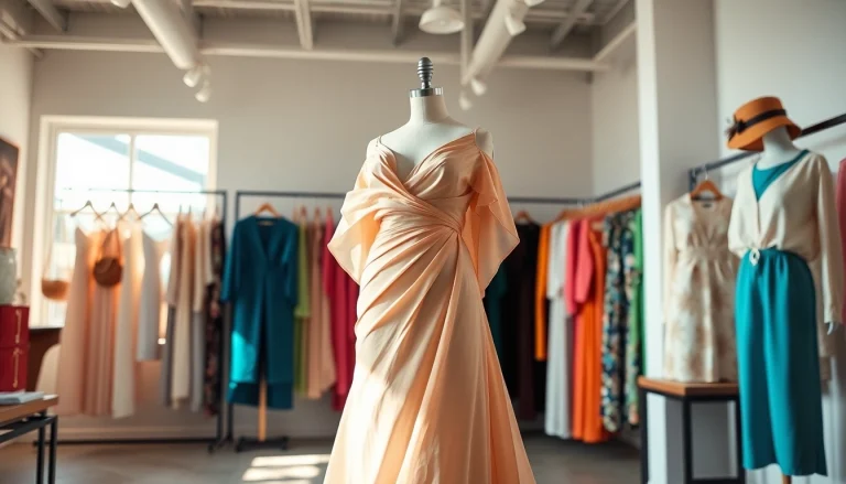 Showcasing elegant Rivelle fashion in a bright boutique with soft natural lighting.