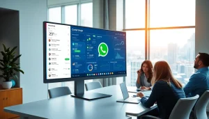 Enhance your strategies with WhatsApp Business CRM interface in a modern office setting.