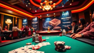 Hi88 players engaging at a vibrant casino table with poker chips and cards.