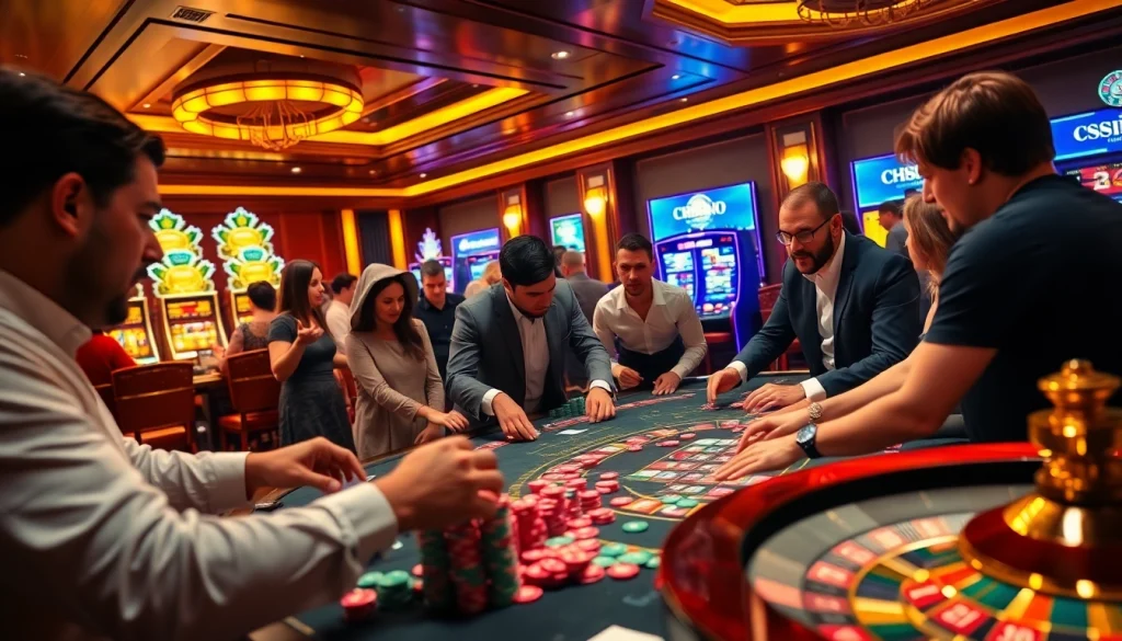 Gamblers enjoying a thrilling game at Hi88 casino, vibrant atmosphere with chips and cards.