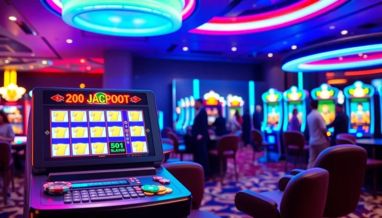 Menangkan slot deposit pulsa pada mesin permainan dengan suasana kasino yang meriah.