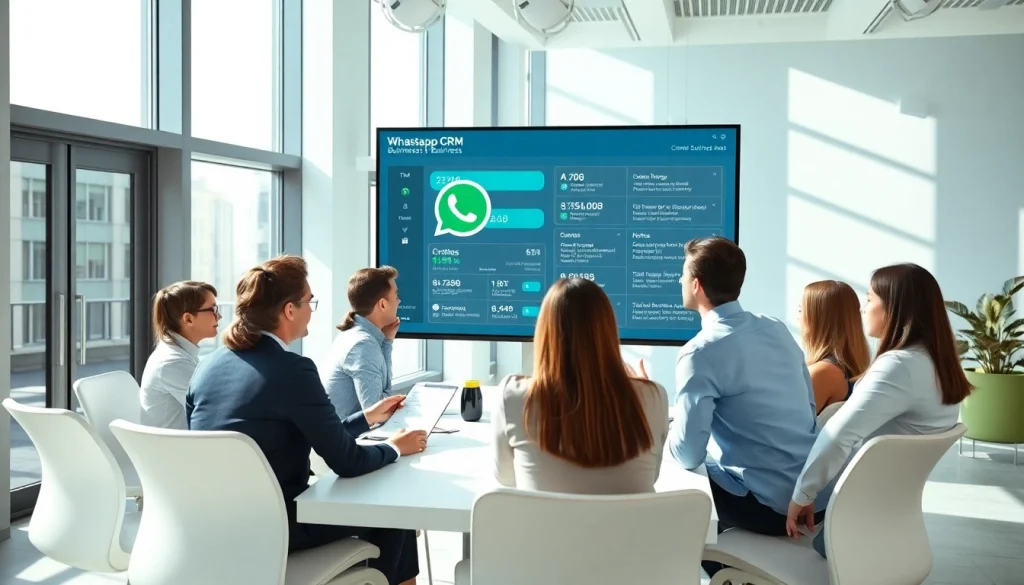 Analyze data with WhatsApp Business CRM in a modern office setting during a collaborative meeting.