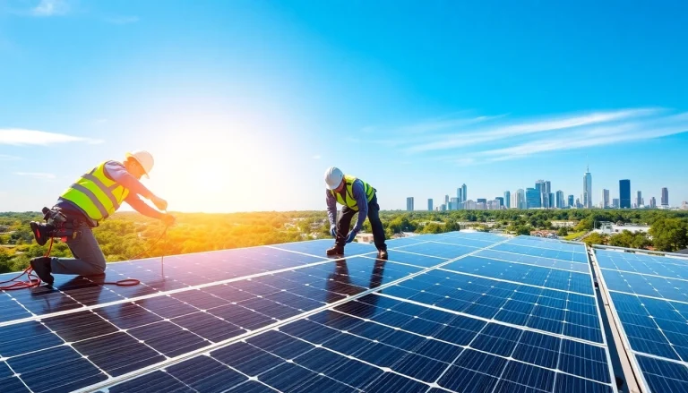 Installation of commercial solar panels Lincoln by professional technicians on a rooftop, showcasing energy efficiency.